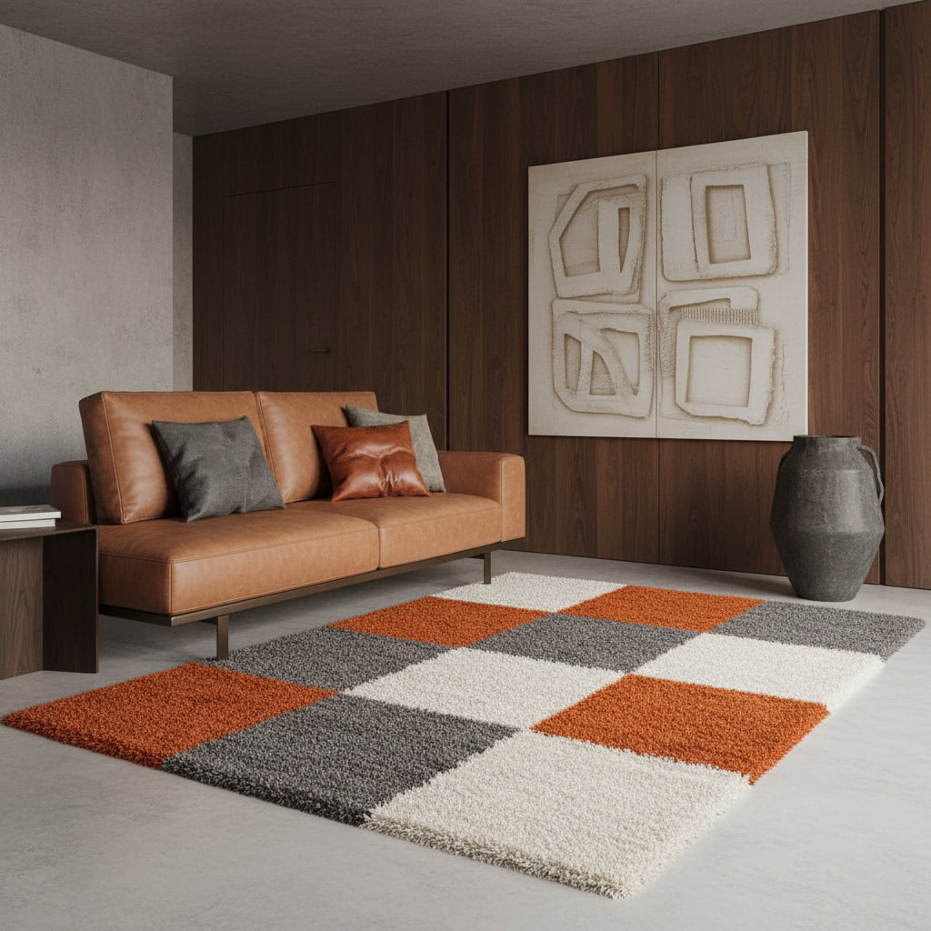 Teppich Hochflor Karo Polypropylen Wohnzimmer Shaggy_Läufer_