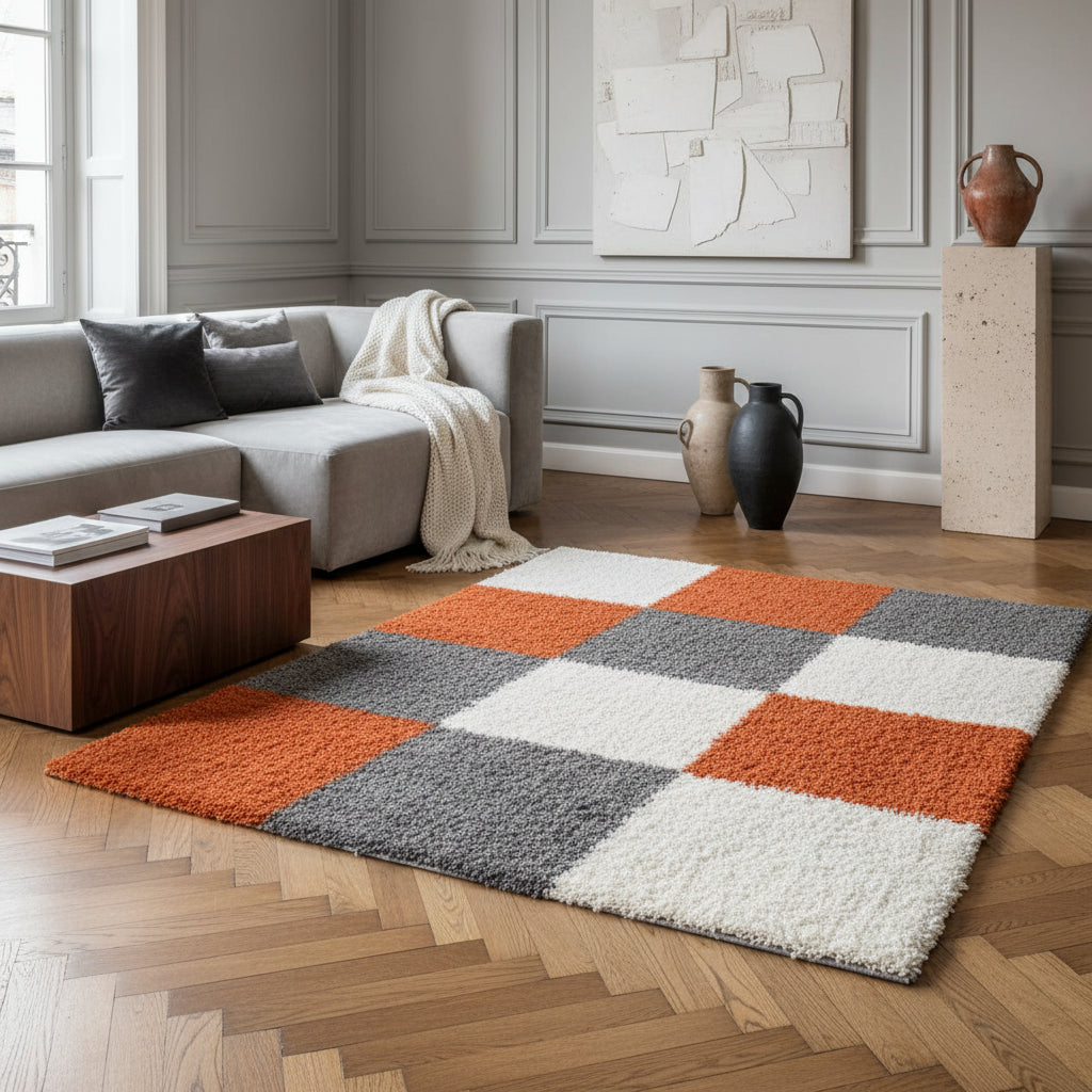 Teppich Hochflor Karo Polypropylen Wohnzimmer Shaggy_Läufer_
