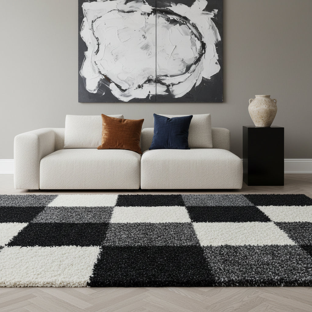 Teppich Hochflor Karo Polypropylen Wohnzimmer Shaggy_Läufer_