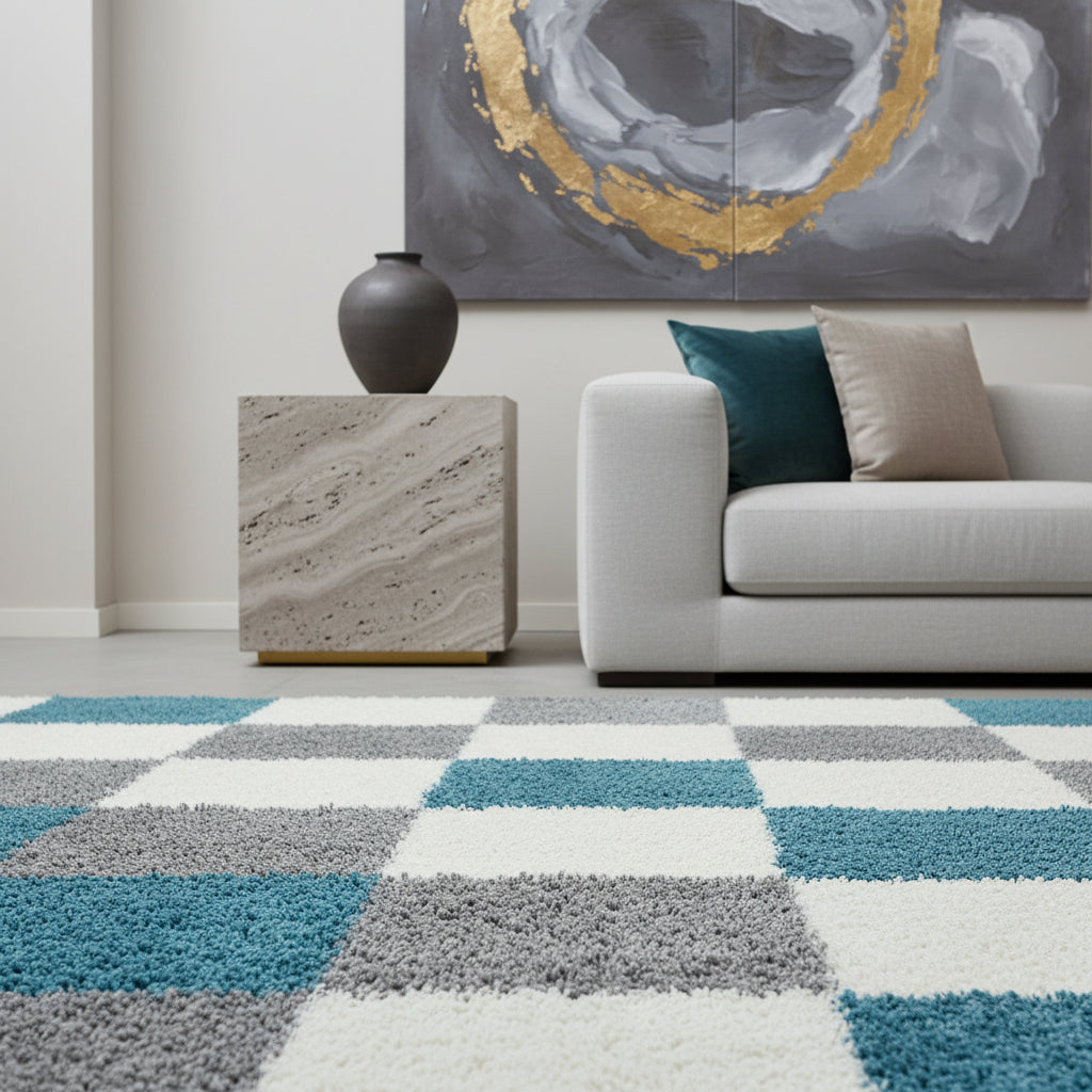 Teppich Hochflor Karo Polypropylen Wohnzimmer Shaggy_Läufer_