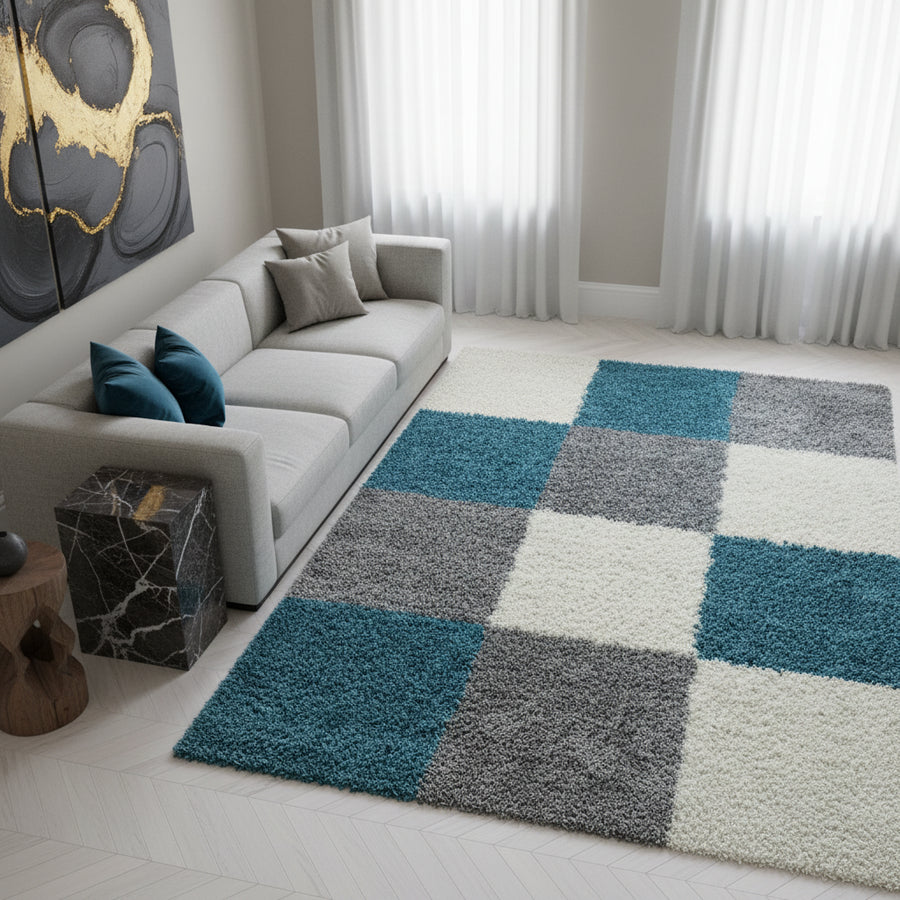 Teppich Hochflor Karo Polypropylen Wohnzimmer Shaggy_Läufer_