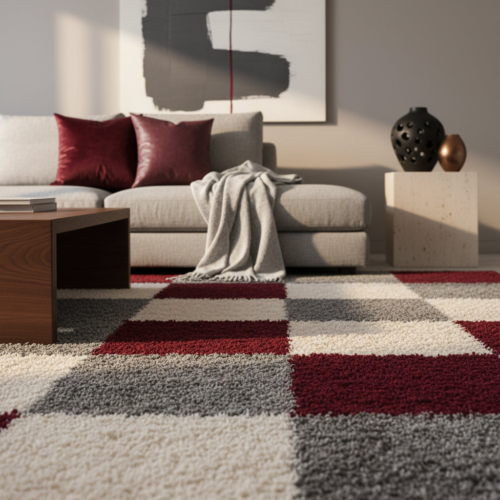 Teppich Hochflor Karo Polypropylen Wohnzimmer Shaggy_Läufer_