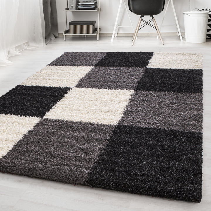 Teppich Hochflor Karo Polypropylen Wohnzimmer Shaggy_Schwarz_Läufer_