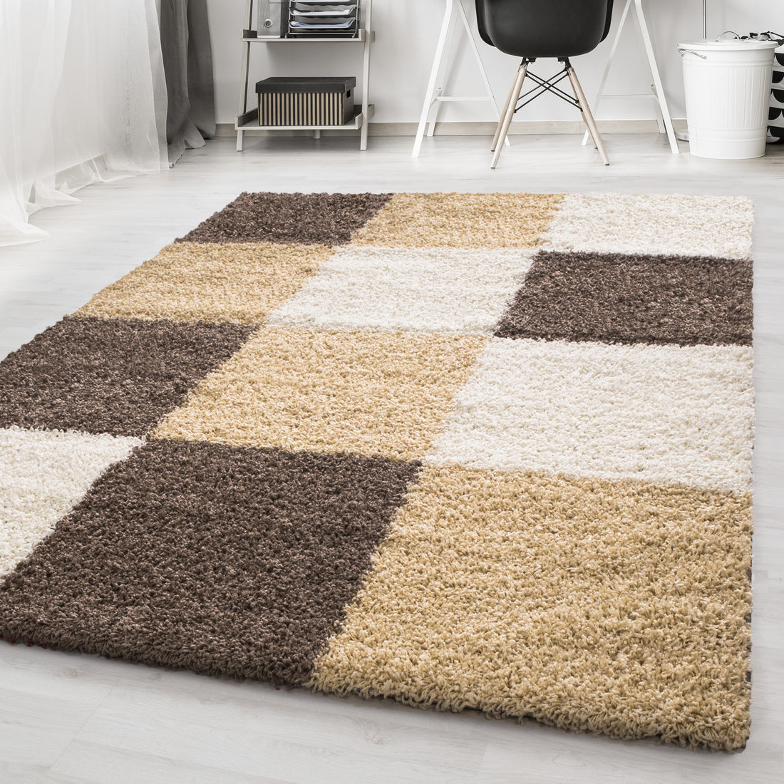 Teppich Hochflor Karo Polypropylen Wohnzimmer Shaggy Mokka Läufer