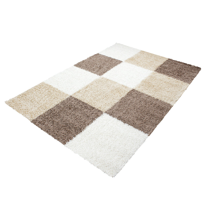 Teppich Hochflor Karo Polypropylen Wohnzimmer Shaggy Mokka Läufer 60x110_Läufer_