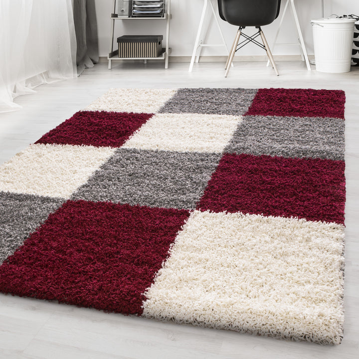 Teppich Hochflor Karo Polypropylen Wohnzimmer Shaggy_Rot_Läufer_