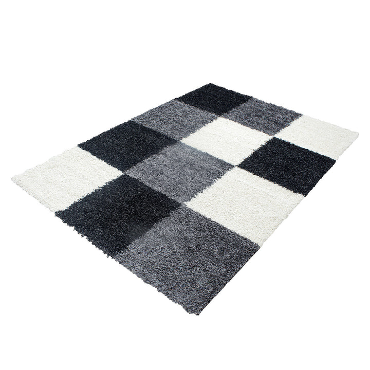 Teppich Hochflor Karo Polypropylen Wohnzimmer Shaggy Schwarz Läufer 60x110_Läufer_