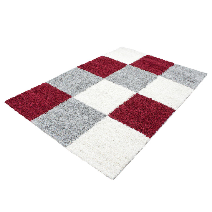 Teppich Hochflor Karo Polypropylen Wohnzimmer Shaggy Rot Läufer 60x110_Läufer_