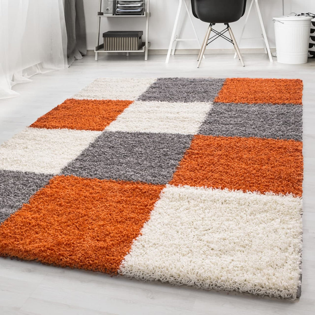 Teppich Hochflor Karo Polypropylen Wohnzimmer Shaggy_Terrakotta_Läufer_