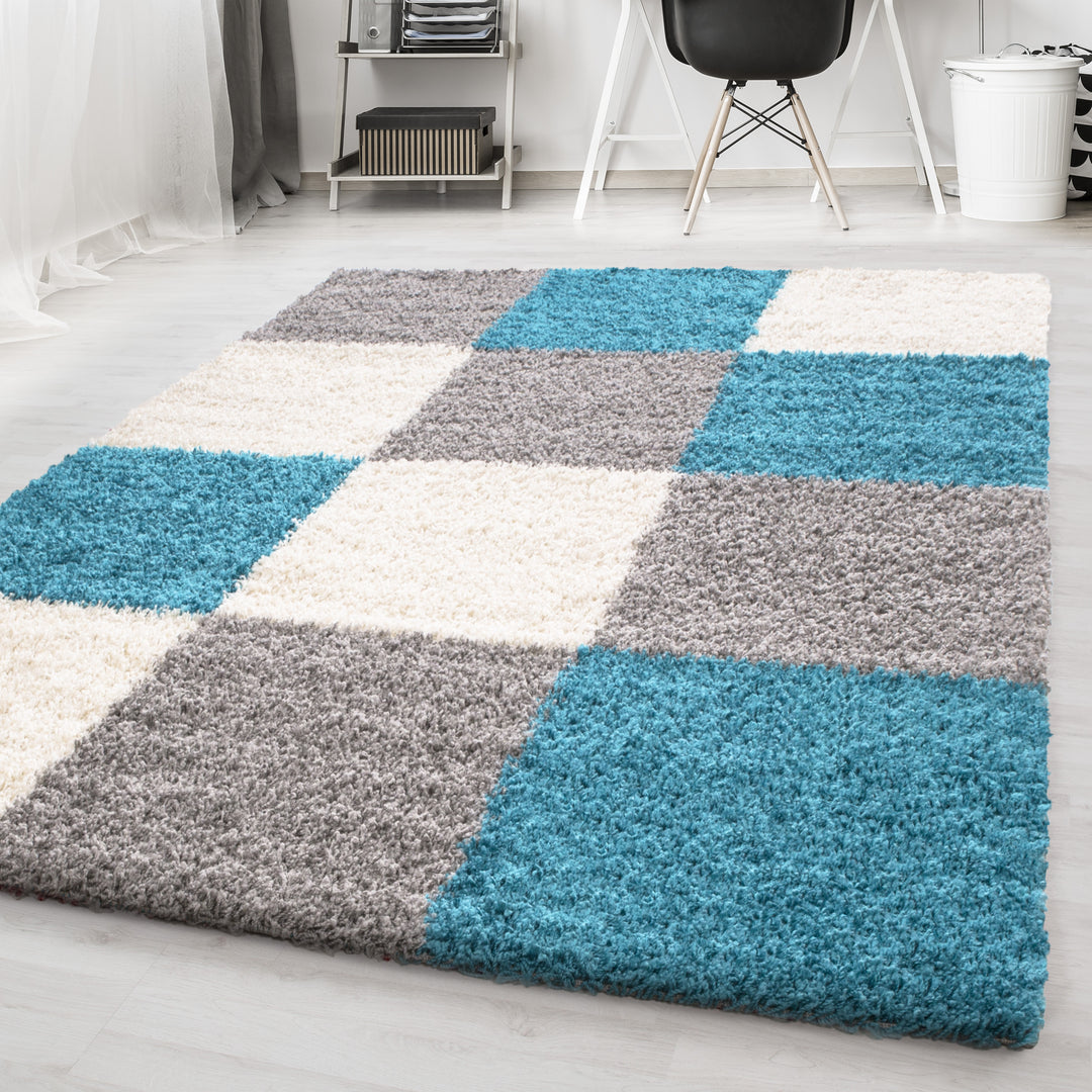 Teppich Hochflor Karo Polypropylen Wohnzimmer Shaggy_Türkis_Läufer_