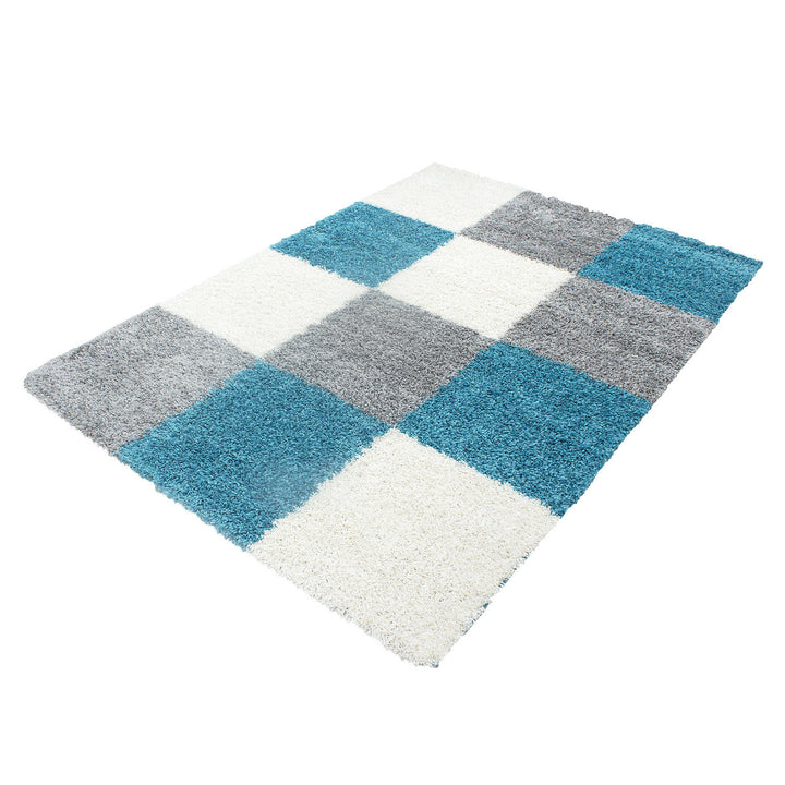 Teppich Hochflor Karo Polypropylen Wohnzimmer Shaggy Türkis Läufer 60x110_Läufer_