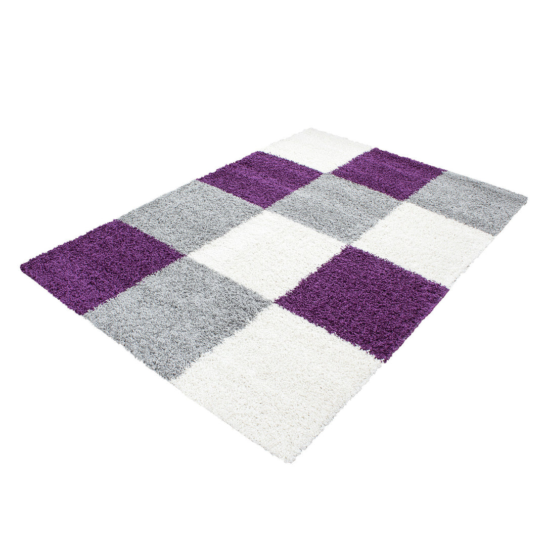 Teppich Hochflor Karo Polypropylen Wohnzimmer Shaggy Violett Läufer 60x110_Läufer_
