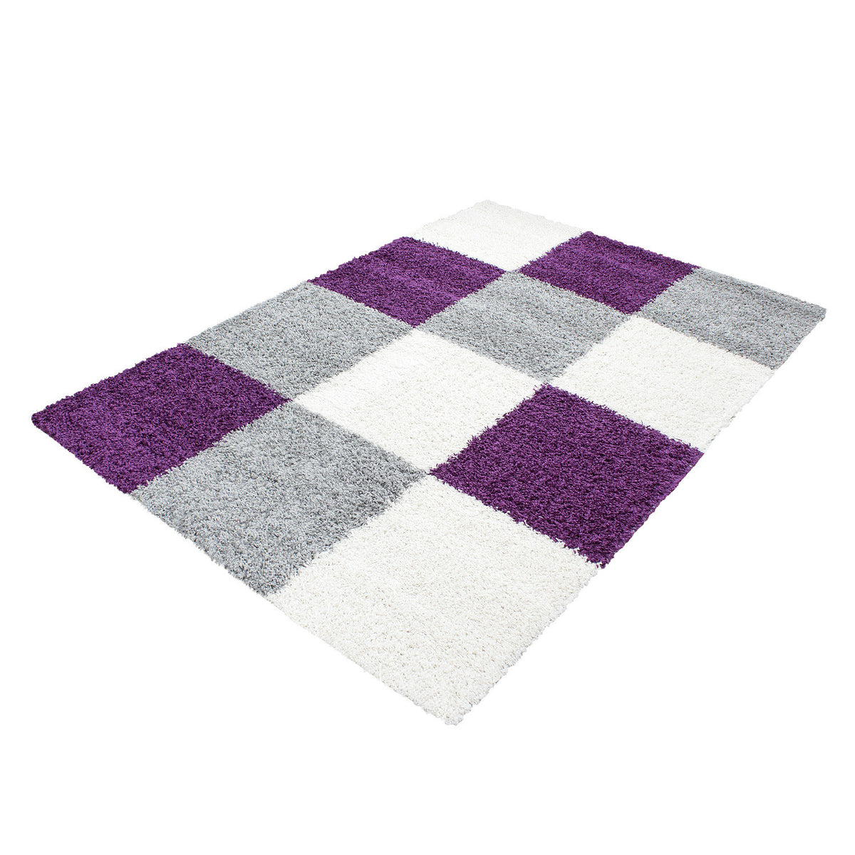 Teppich Hochflor Karo Polypropylen Wohnzimmer Shaggy Violett Läufer 60x110 Läufer