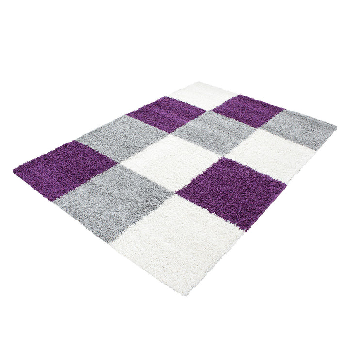 Teppich Hochflor Karo Polypropylen Wohnzimmer Shaggy Violett Läufer 60x110_Läufer_