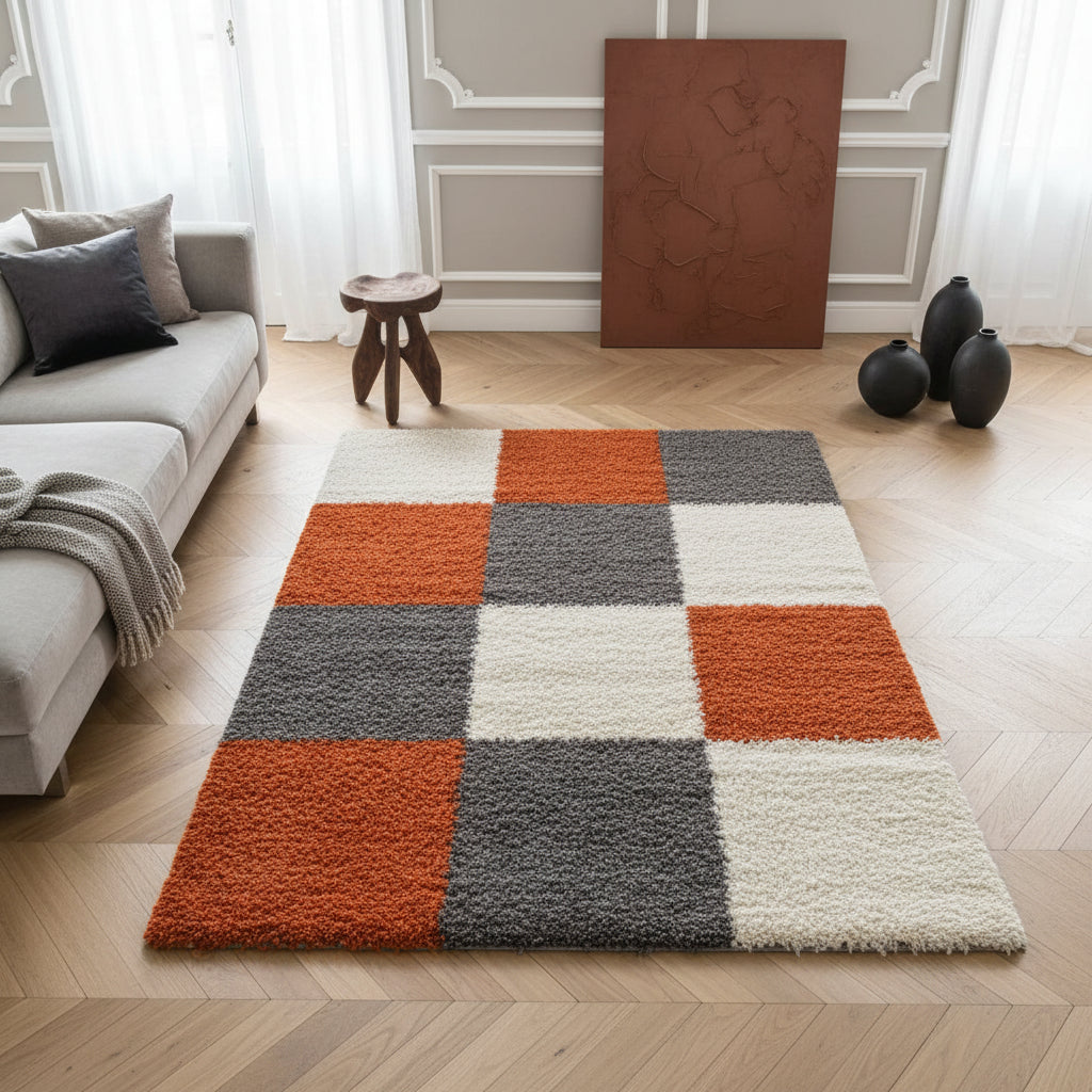 Teppich Hochflor Karo Polypropylen Wohnzimmer Shaggy_Läufer_