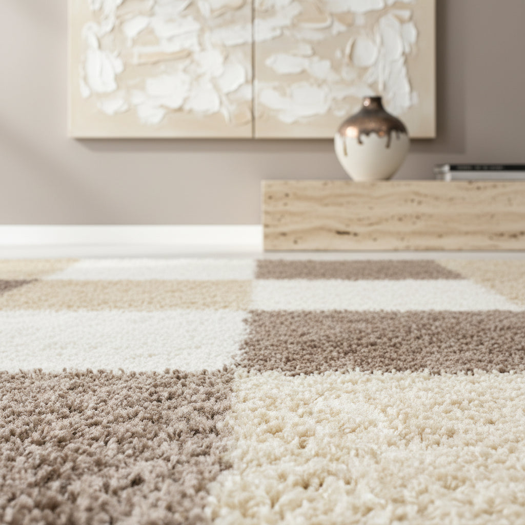 Teppich Hochflor Karo Polypropylen Wohnzimmer Shaggy Läufer