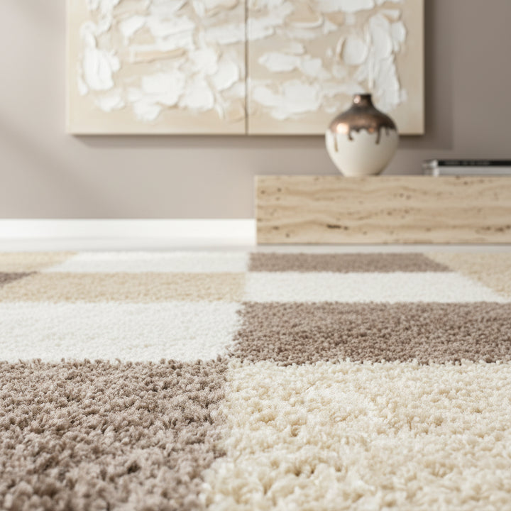 Teppich Hochflor Karo Polypropylen Wohnzimmer Shaggy_Läufer_