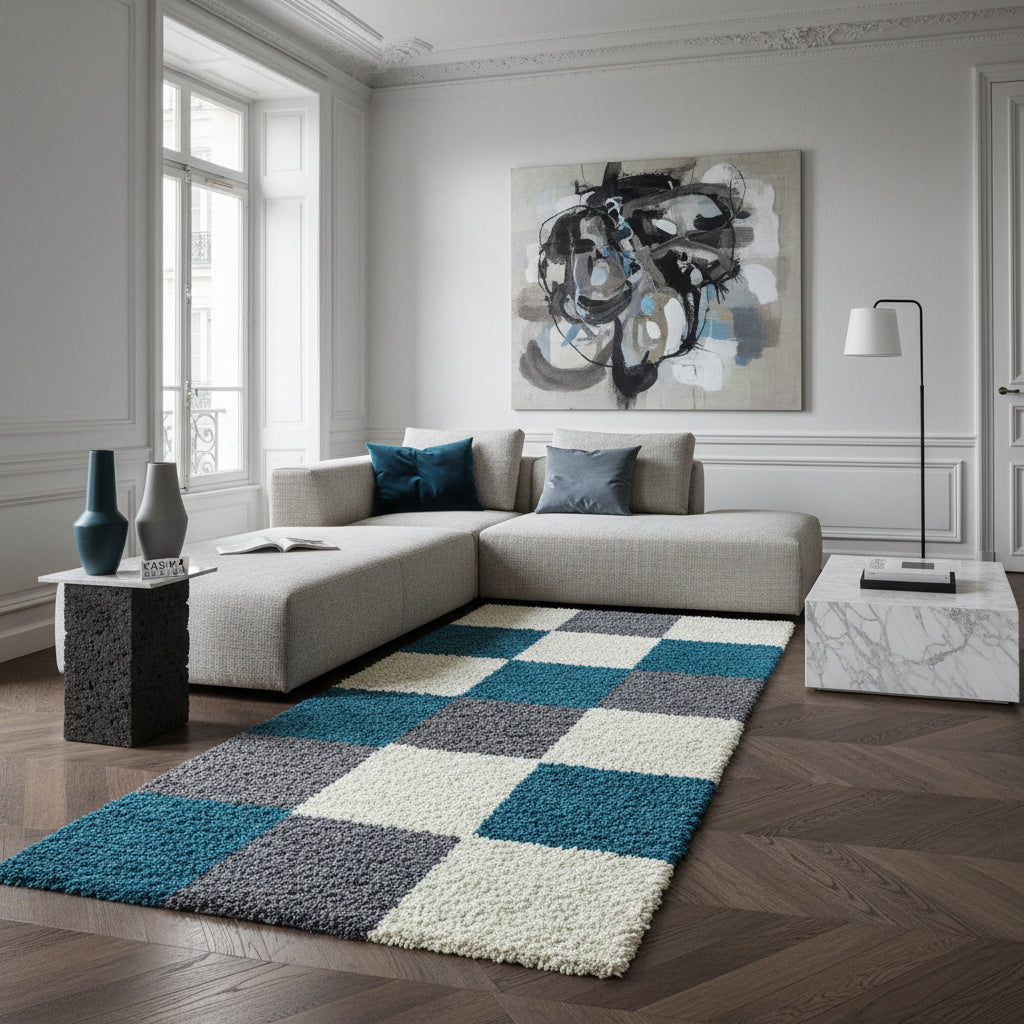 Teppich Hochflor Karo Polypropylen Wohnzimmer Shaggy_Läufer_