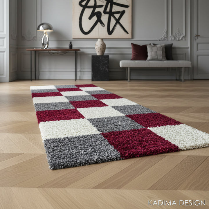 Teppich Hochflor Karo Polypropylen Wohnzimmer Shaggy_Läufer_