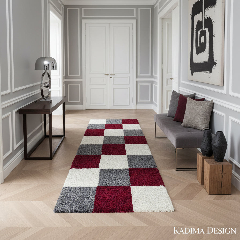 Teppich Hochflor Karo Polypropylen Wohnzimmer Shaggy_Läufer_