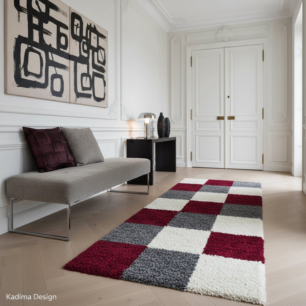 Teppich Hochflor Karo Polypropylen Wohnzimmer Shaggy_Läufer_