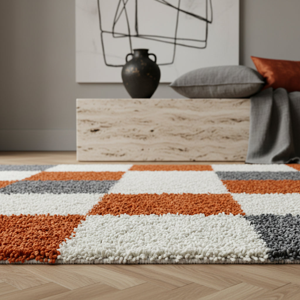 Teppich Hochflor Karo Polypropylen Wohnzimmer Shaggy_Läufer_