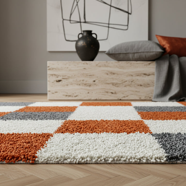 Teppich Hochflor Karo Polypropylen Wohnzimmer Shaggy_Läufer_