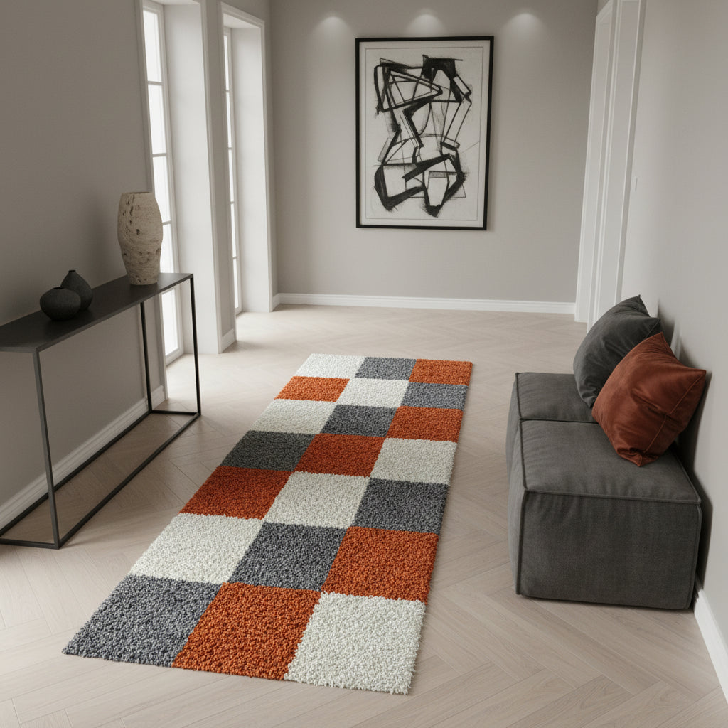 Teppich Hochflor Karo Polypropylen Wohnzimmer Shaggy_Läufer_