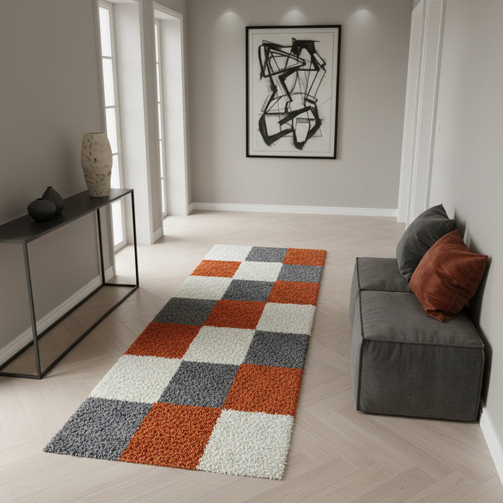 Teppich Hochflor Karo Polypropylen Wohnzimmer Shaggy_Läufer_