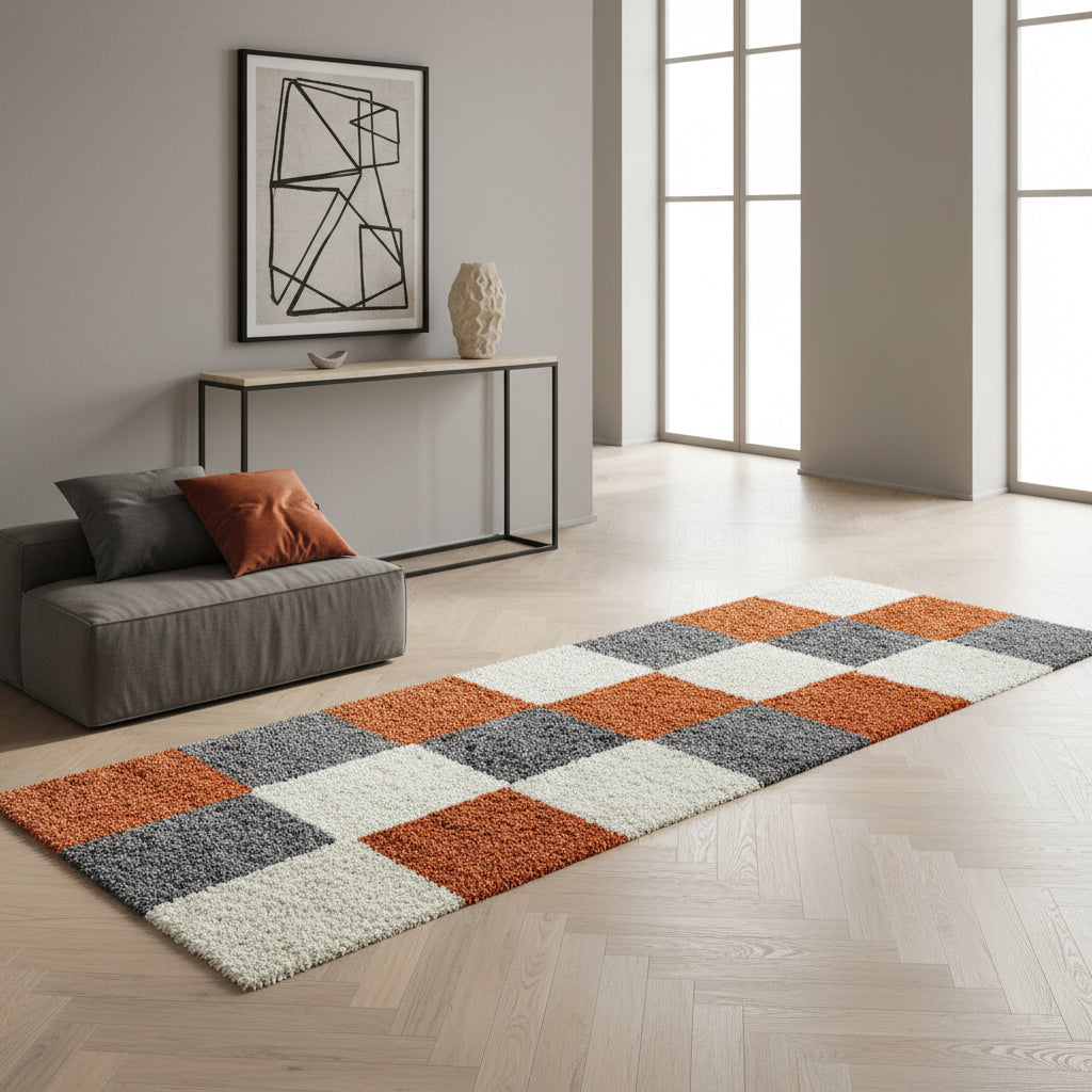Teppich Hochflor Karo Polypropylen Wohnzimmer Shaggy_Läufer_