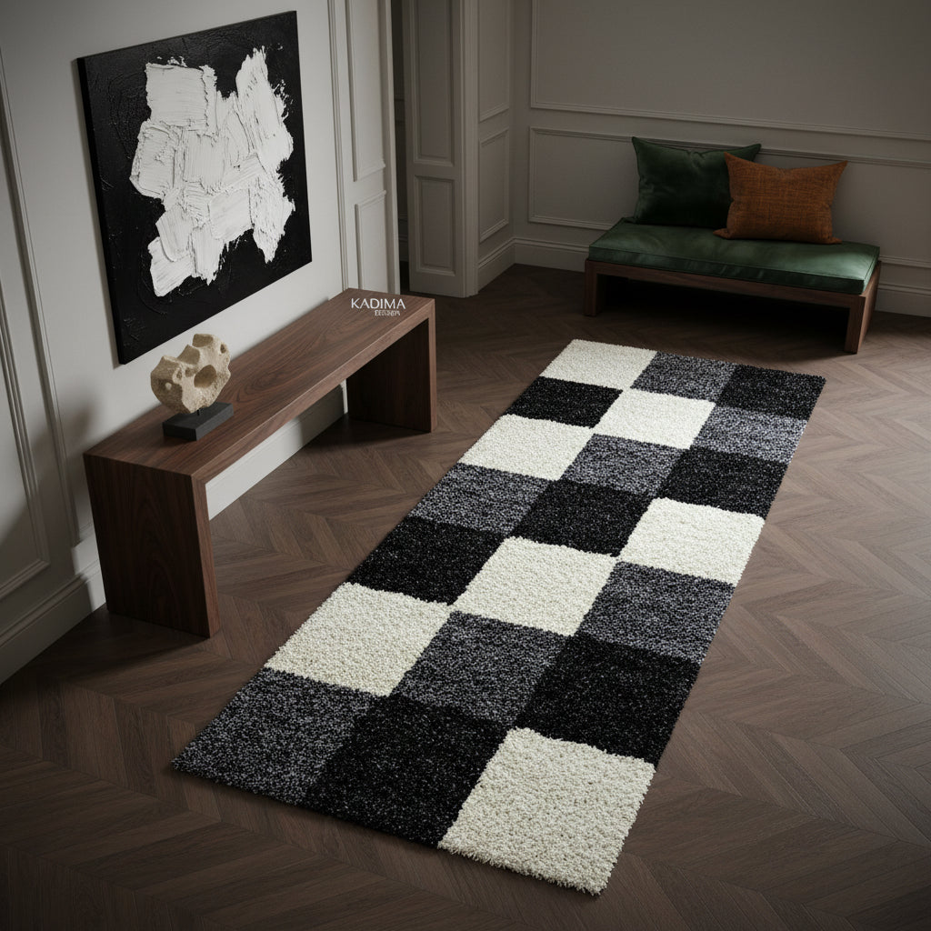 Teppich Hochflor Karo Polypropylen Wohnzimmer Shaggy_Läufer_