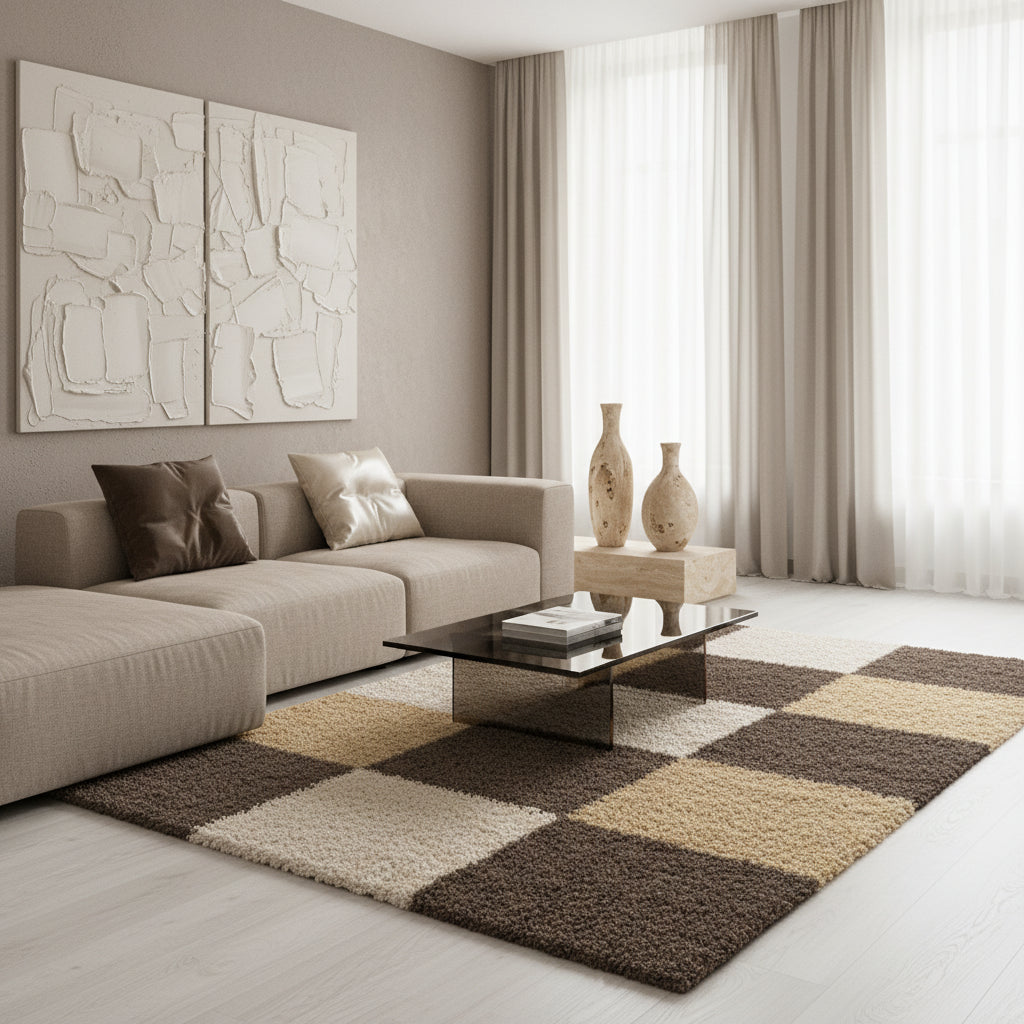 Teppich Hochflor Karo Polypropylen Wohnzimmer Shaggy Läufer