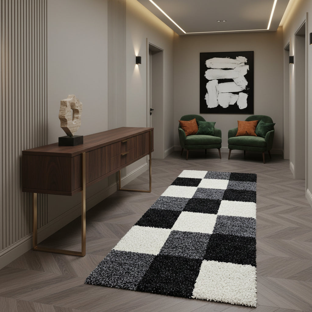 Teppich Hochflor Karo Polypropylen Wohnzimmer Shaggy_Läufer_