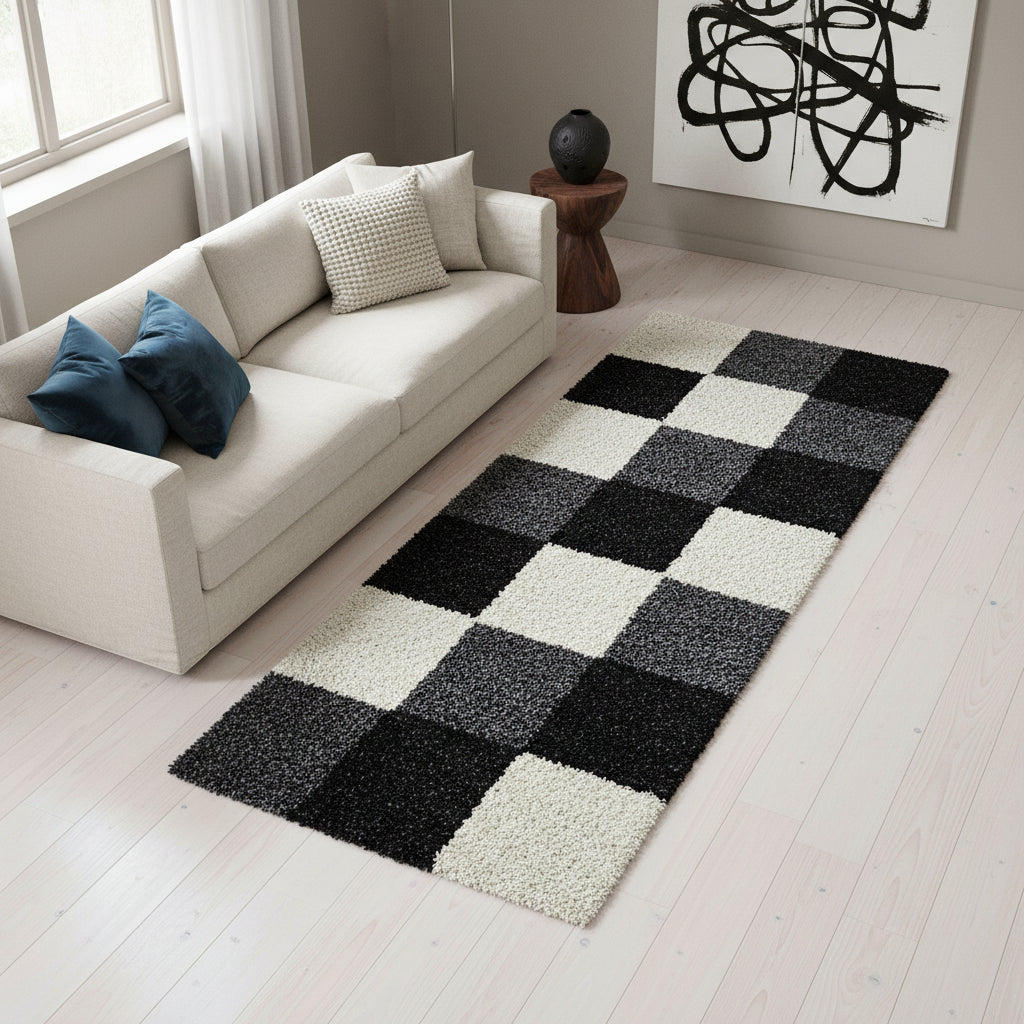 Teppich Hochflor Karo Polypropylen Wohnzimmer Shaggy_Läufer_