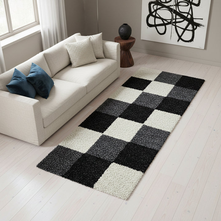 Teppich Hochflor Karo Polypropylen Wohnzimmer Shaggy_Läufer_