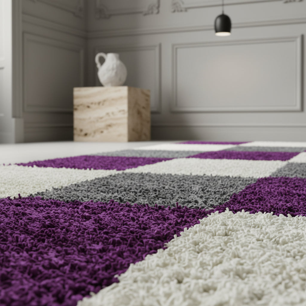 Teppich Hochflor Karo Polypropylen Wohnzimmer Shaggy_Läufer_