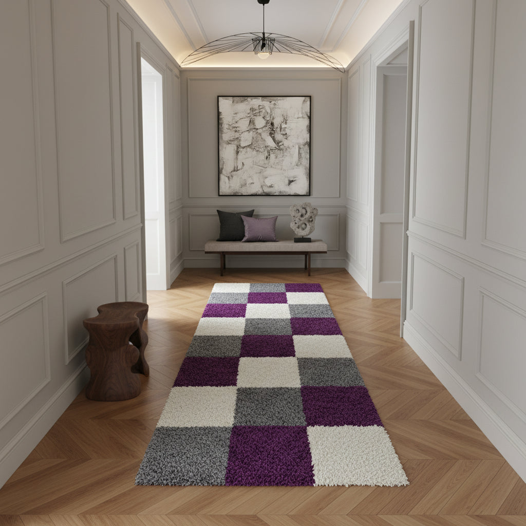 Teppich Hochflor Karo Polypropylen Wohnzimmer Shaggy_Läufer_