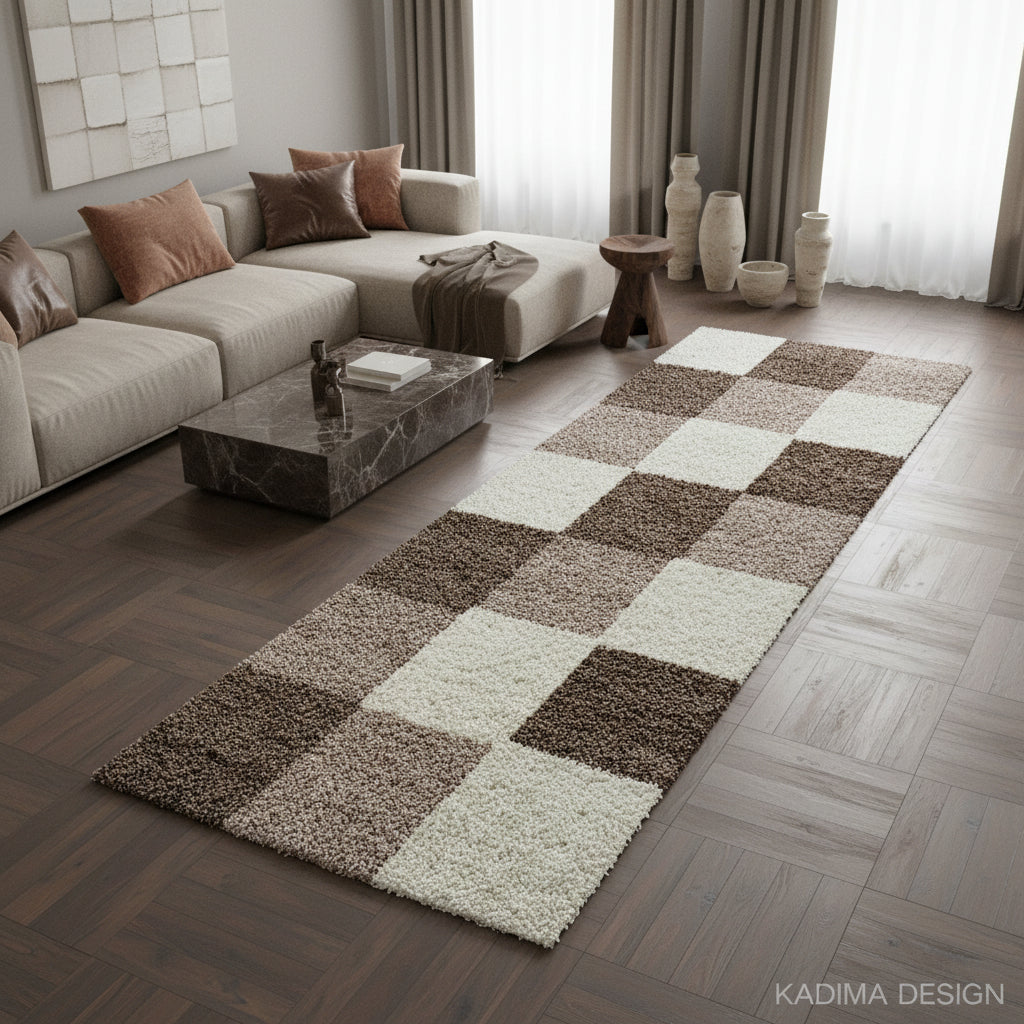 Teppich Hochflor Karo Polypropylen Wohnzimmer Shaggy_Läufer_