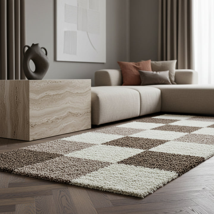 Teppich Hochflor Karo Polypropylen Wohnzimmer Shaggy_Läufer_
