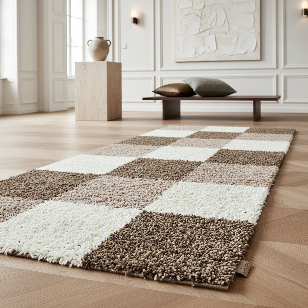 Teppich Hochflor Karo Polypropylen Wohnzimmer Shaggy_Läufer_