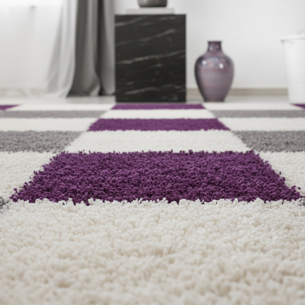 Teppich Hochflor Karo Polypropylen Wohnzimmer Shaggy_Läufer_