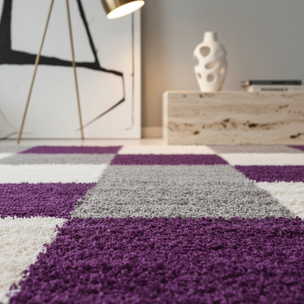 Teppich Hochflor Karo Polypropylen Wohnzimmer Shaggy_Läufer_