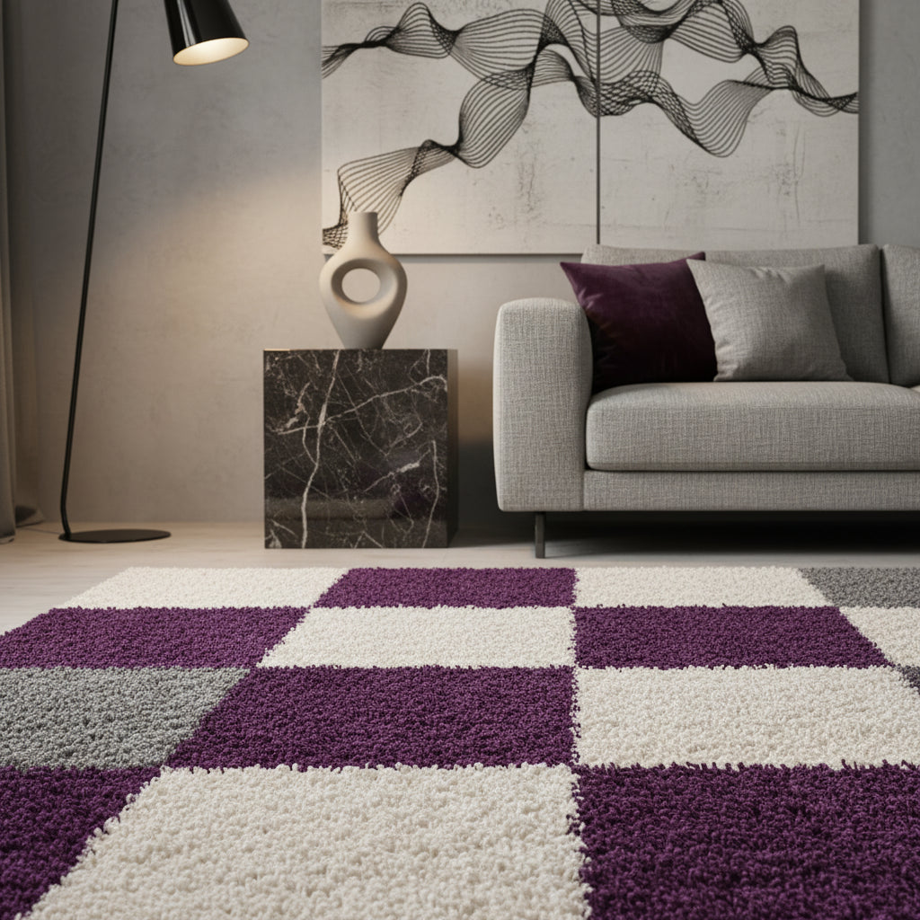 Teppich Hochflor Karo Polypropylen Wohnzimmer Shaggy Läufer