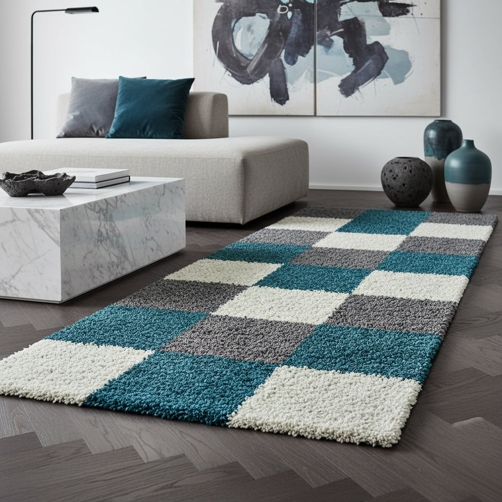 Teppich Hochflor Karo Polypropylen Wohnzimmer Shaggy_Läufer_