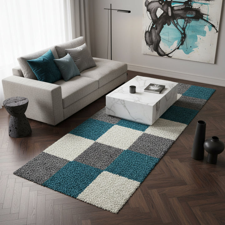 Teppich Hochflor Karo Polypropylen Wohnzimmer Shaggy_Läufer_