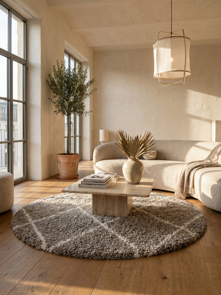Teppich Beige rund im Wohnzimmer Einrichtungsidee_