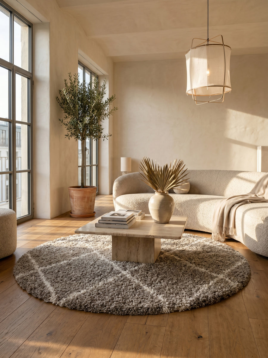 Teppich Beige rund im Wohnzimmer Einrichtungsidee_