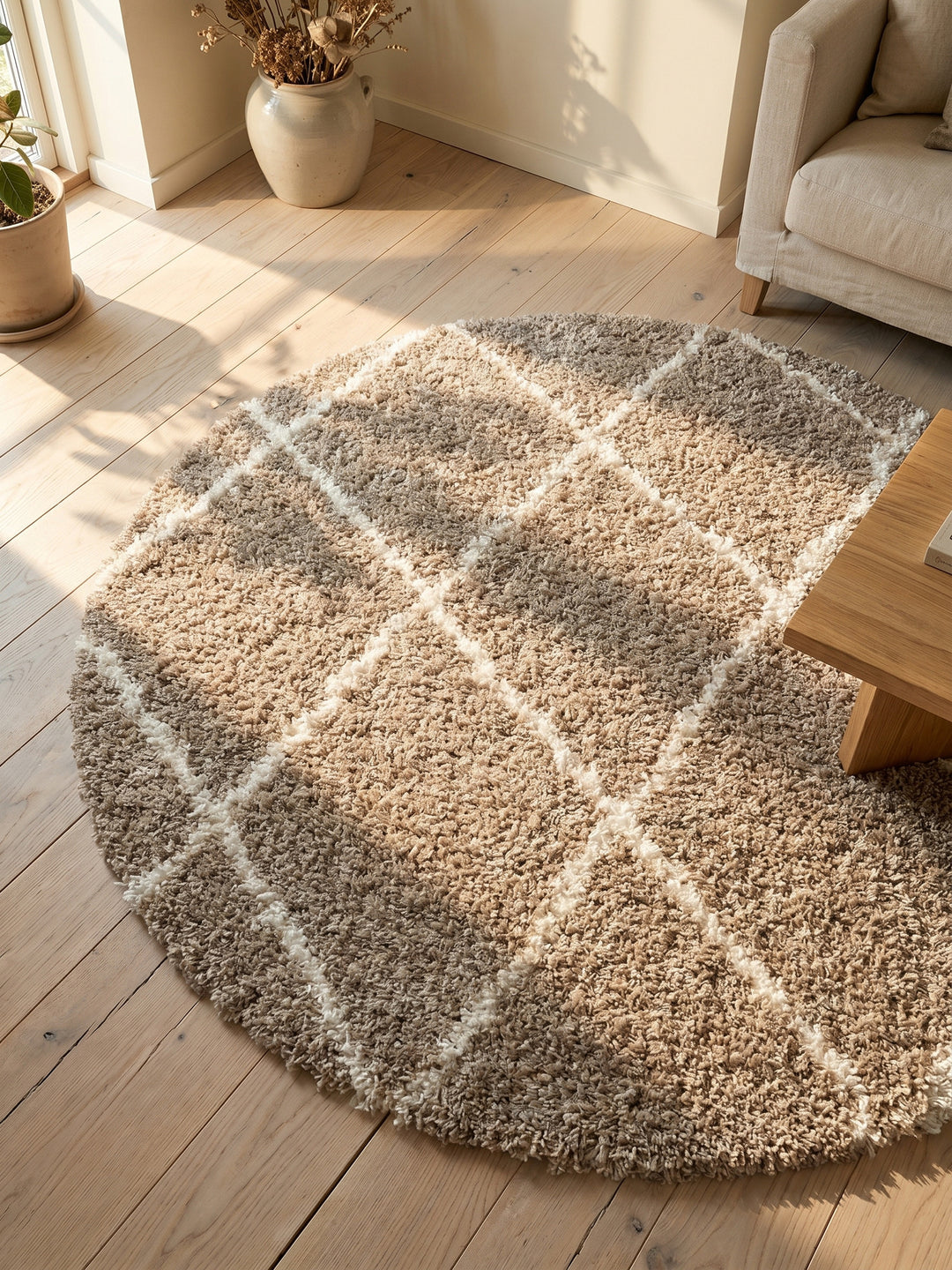 Teppich Beige rund Muster Draufsicht_