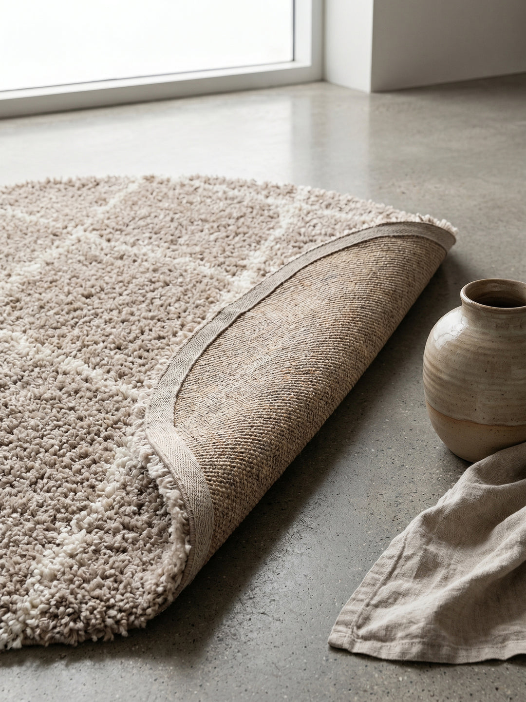 Teppich Beige rund Wohnaccessoire Deko_