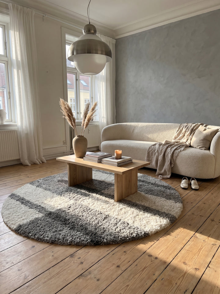 Teppich Hellgrau rund im Wohnzimmer Einrichtungsidee_
